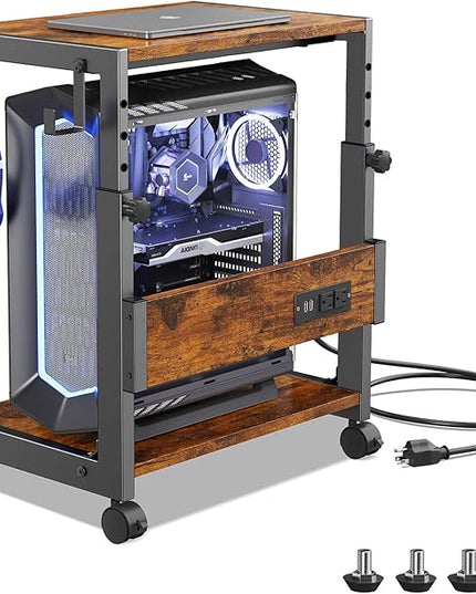 Computer Tower Stand with Charge Station and USB Charging Port - Height Adjustable PC Tower Stand, Under Desk CPU Holder Cart with Locking Caster Wheels for Fits Most PC