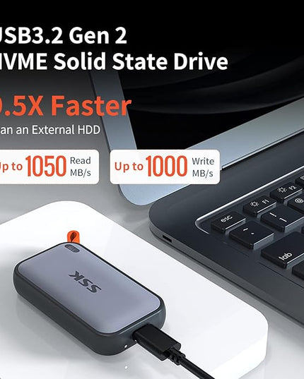 SSK Portable SSD 2TB External Solid State Drives, up to 1050MB/s USB C SSD External Hard Drive USB 3.2 Gen2 for iPhone 15/Pro, Windows, Mac, Android Phones and Tablets