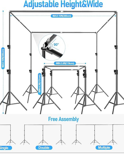 EMART Back Drop Adjustable Stand,10X10X10ft Square Backdrop Stand Heavy Duty Photography Background Support System Kit with 300° Rotatable Connector and 12 Spring Clamp for Party,Wedding,Photo Studio