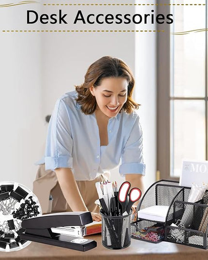 Office Supplies,Desk Accessories,Stapler and Tape Dispenser Set,1000 Staples,Staple Remover,Pen Holder,Folding Phone Holder,Journal Notebook,Ballpoint Pen,Scissor,Ruler,Clear Tape,Sticky Notes,Ect