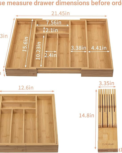Bamboo-Silverware-Drawer-Organizer-Kitchen, Expandable Utensil Holder Cutlery Tray Flatware Organization Adjustable Wood Tableware Dividers Storage (with Removable Knife Block)(Natural)