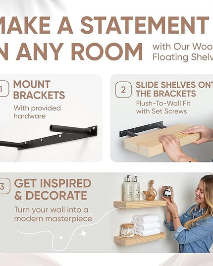 Homeforia Wood Floating Shelf 12 inch, High End Solid Natural Wood 12inch Floating Shelves for Wall Mounted, Unfinished Small Wooden Floating Shelves, Heavy Duty Bracket, 12 X 6.5 X 1.75 in, Set of 2