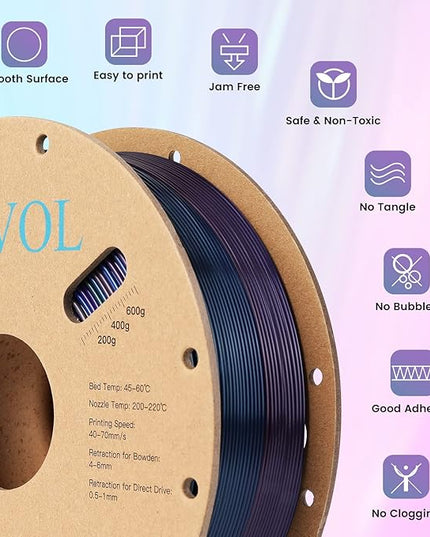 Sovol 3D Printer Silk Shiny Multicolored Fast Change Rainbow PLA 1kg (2.2 lbs) Spool 3D Printing Materials, Dimensional Accuracy +/- 0.03 mm, 1.75 mm, Purple Rainbow
