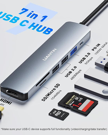 USB C Hub 7 in 1 Multiport Adapter with 4K HDMI Dongle, 100W PD, SD/TF Card Reader, 3 USB-A, USBC Docking Station for MacBook Mac Pro/Air, Dell, HP, ASUS, Acer and Other Type C Laptops