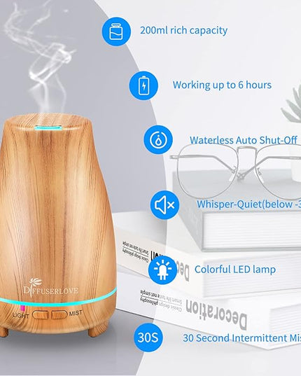 Diffuserlove Essential Oil Diffusers 200ML Diffuser Remote Control Aromatherapy Diffuser with 7 Color Lights, Auto Shut-Off for Bedroom Office Kitchen (Yellow Wood Grain)