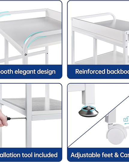 Large Printer Stand Table with Storage Shelf for Host Computer, PC Tower, CPU and Shredder, 3 Tier Rolling Printer Cart with Wheels for Home Office Storage and Organization - White