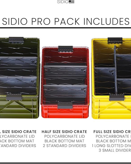 SIDIO CRATE Pro Pack - Two Full Size and One Half Size SidioCrate, Stackable Outdoor Organizer Storage Bins with Clear Lid and Dividers - UTILITY Variety Pack