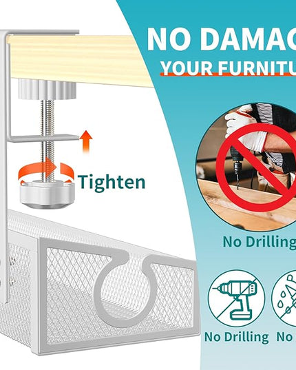 Under Desk Cable Management Tray White, No Drill Desk Cable Management Organizer with Clamp for Desk Wire Management, PC Cord Organizer Accessories & Workspace Organizers for Office, Home