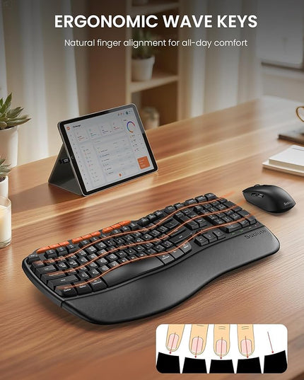 Ergonomic Wireless Keyboard and Mouse Combo, 2.4G Full Size Wave Key Board with Cushioned Palm Rest, Natural Typing, 3 DPI Adjustable Mouse, USB-A & C for Computer/Laptop/Mac/Tablet – Sablute