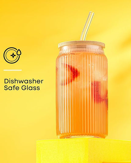 JoyJolt Fluted Glass Tumblers with Bamboo Lids and Glass Straws, Ribbed Can Shaped Drinking Glasses Set of 4, 16oz Cup with Lids and Straws, Iced Coffee Cups, Cocktail/Beer Glasses, Tea Cups