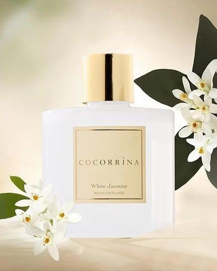 COCORRÍNA Reed Diffuser - White Jasmine 6.7 Fl.oz Reed Diffuser Set with Sticks & Preserved Baby's Breath, Reed Diffuser for Home Bathroom Shelf Decor