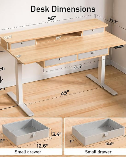 55 * 30 Inches Electric Standing Widened Desk Adjustable Height with 4 Drawers, Double Storage Shelves, Home Office Workstation Sit Stand up Desk (Nature)