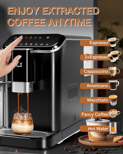 IDEALHOUSE Fully Automatic Espresso Machine with Built-In Grinder and Milk Frother, Touchscreen Control, 20 Bar Pressure, 1.5L Detachable Water Tank, One-Touch Latte & Cappuccino Maker, Black