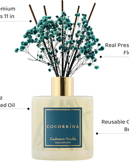 COCORRÍNA Reed Diffuser - Cashmere Vanilla 17 Fl.oz Reed Diffuser with 8 Sticks Scented Diffuser with Preserved Flowers for Bathroom Home Decor