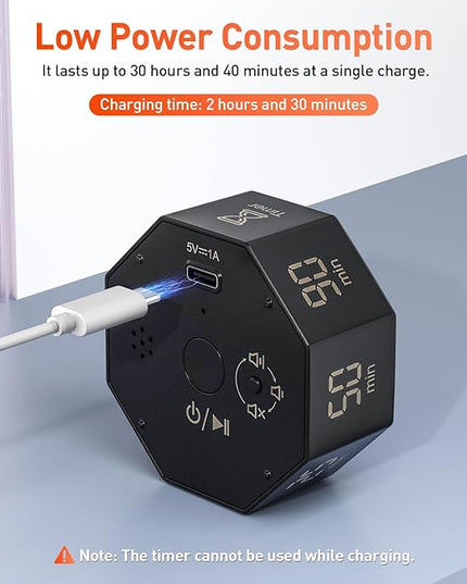 Secura Pomodoro Timer, Rotating Cube Time Tracker, Flip Gravity Sensor with 7 Presets(5/10/15/20/25/50/90 Minutes), Visual Progress Bar for ADHD, Kids, Tasks, Work, Study (Dark Gray)