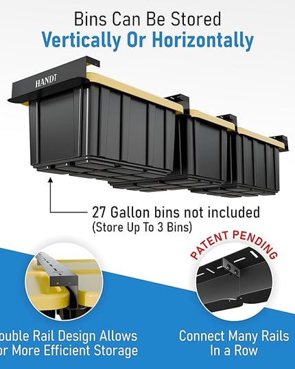 HANDT Overhead Garage Storage Rack, Connectable Heavy Duty Metal Ceiling Rails For Garage Storage Organization Shelving System, Hanging Racks For Tote Containers, Supports Up To 3 Bins, 2 Sets Black