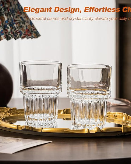 11oz Drinking Glasses Set of 4, Juice Glasses Stackable Tall Glass Mugs for Tea Iced latte Coffee Glass, Beer Glasses, Cocktail Glasses,Water glasses for bar, restaurant