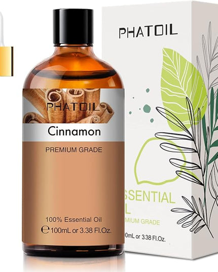 PHATOIL 100ML Cinnamon Essential Oil, Huge 3.38fl.oz Bottle Cinnamon Oil, Aromatherapy Oils for Diffuser, Humidifier, DIY, Essential Oil Singles