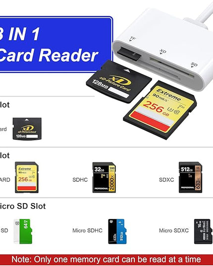 XD Card Reader, 3-in-1 SD/TF/XD Card Adapter - Lightning + USB A + USB C SD Card Reader Plug & Play, OTG Memory Card Reader for iPhone 17/16/15/14/iPad/PC/Android