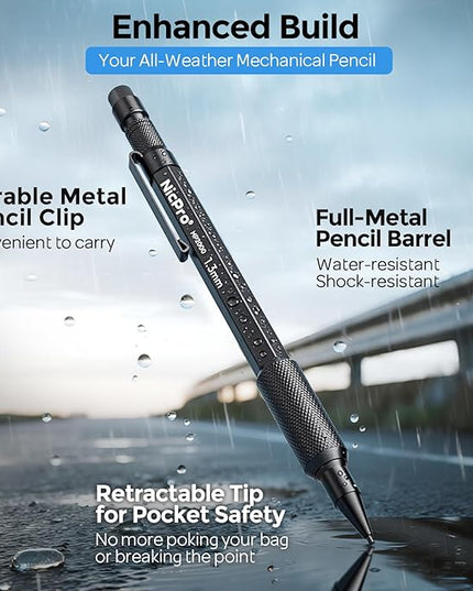 Nicpro 3 PCS 1.3 mm Blacke Mechanical Pencils Set with 48 Lead Refill, 3 Eraser - Weatherproof Metal Barrel, Heavy Duty Carpenter Pencil MP2000 for Outdoor Marking Drafting Drawing Woodworking