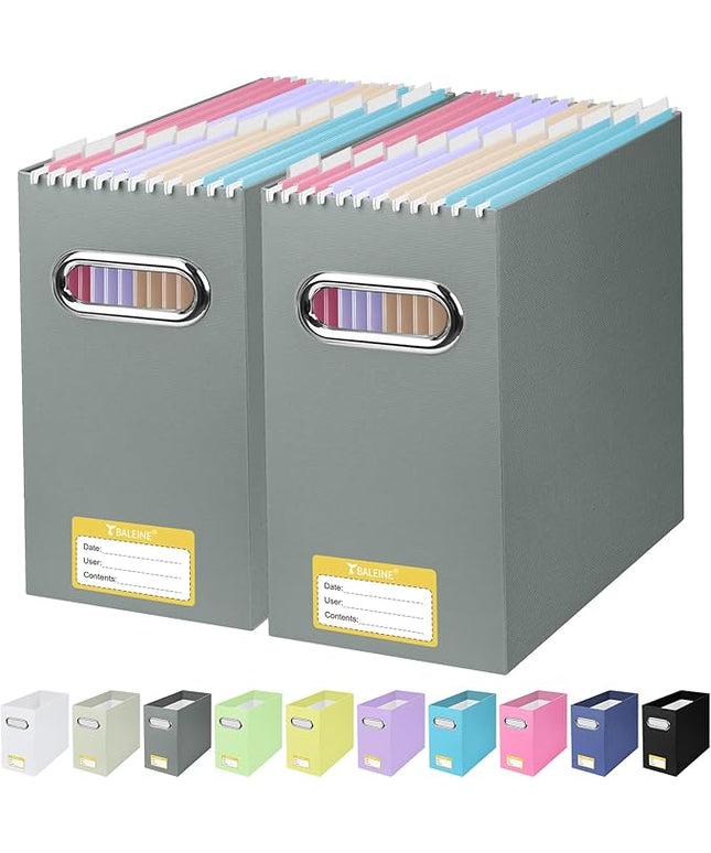 BALEINE File Organizer Box, Cardboard File Folder Organizer with Handle for Letter Size, Portable Collapsible Hanging Filing Box for Home Office Document Storage (2 Pack, Grey)