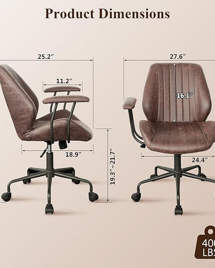 Mid Century Modren Office Chair - Fuax Leather Suede Brown Executive Chairs Ergonomic Mid Back with Lumbar Support, Swivel Computer Desk Task Chair with Wheels for Home Office (Dark Brown, Mid Back)