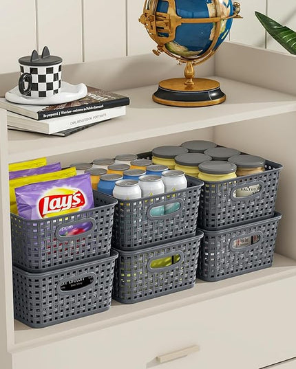 Xyskin Small Plastic Storage Basket with Lid, Set of 6 Weave Plastic Baskets, Grey