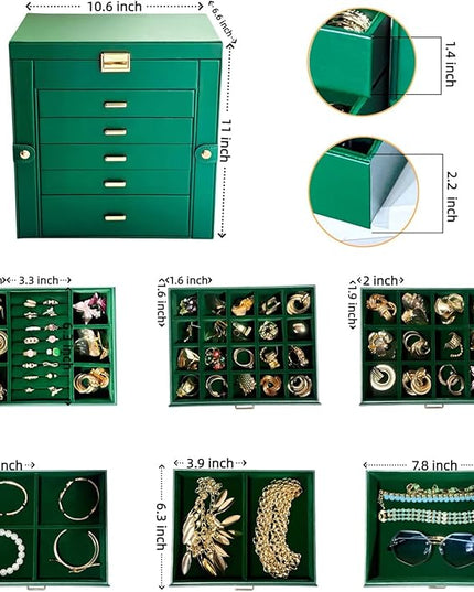 BOOVO Jewelry Box For women, 6 Layer Large Jewelry Organizer With Mirror, Multi-Function Storage Box With Lock, Necklace Holder With 5 Drawers, For Earrings Necklace Bracelet (Green and Gold)