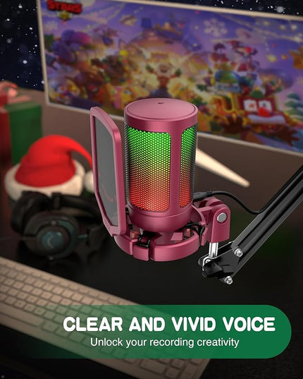 FIFINE AmpliGame PC Gaming Streaming USB Microphone, RGB Desktop Microphone for Computer/Mac/PS4/PS5, Podcast, Recording, TikTok, Game Chat, Condenser Mic with Pop Filter, Shock Mount - Red