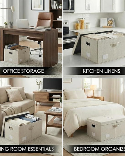 PRANDOM Storage Bins with Lids [3-Pack] Linen Fabric Foldable Storage Boxes Organizer Containers Baskets Cube with Cover Beige (23.4X15.9X11.4)