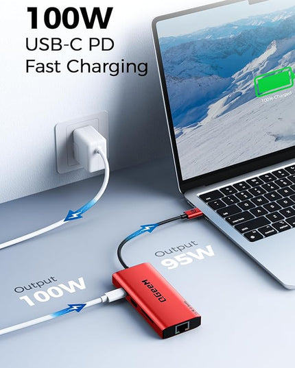 QGeeM USB C Hub Ethernet,9 in 1 USB Type C Hub HDMI Multi-Port Converter Adapter,100W Pd, USB 3.0,SD/TF Card Reader,Compatible for MacBook Pro Air Ipad HP Dell Lenovo Chromebook etc.-Red