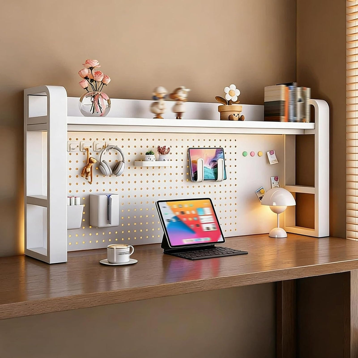 TRCBADOWKC 2/3/4 Tier Desktop Bookshelf with Pegboard and Storage Parts, Metal Desktop Organizer Hutch, Desk Shelves for Top of Desk, Shelf Organizer Display Rack for Dorm Home(White,2-Tier L61in)