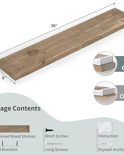 Floating Shelves | 8" Deep Rustic Reclaimed Barnwood Wall Hanging Shelves with Invisible Heavy-Duty Metal Bracket | Wall Mounted | Farmhouse Style | 36 inches, 2 PCs, Distressed Natural