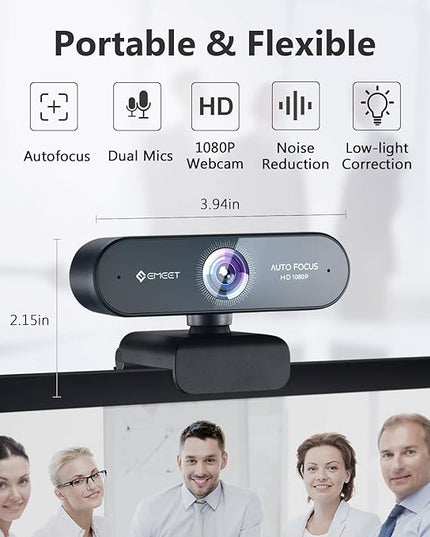 1080P Webcam with Microphone, eMeet Nova AutoFocus HD Webcam, 96°View Web Camera w/ 2 De-Noise Mics for Laptop/Desktop, Plug & Play USB Streaming Computer Camera for Conference/Calling/Teaching/Gaming