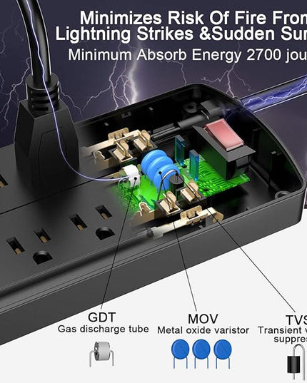 Power Strip Surge Protector - ALESTOR 10 Feet Extension Cord (1875W/15A) with 12 Outlets and 4 USB Ports, 2700 Joules, for Home, School, College Dorm Room, and Office, ETL Listed, Black