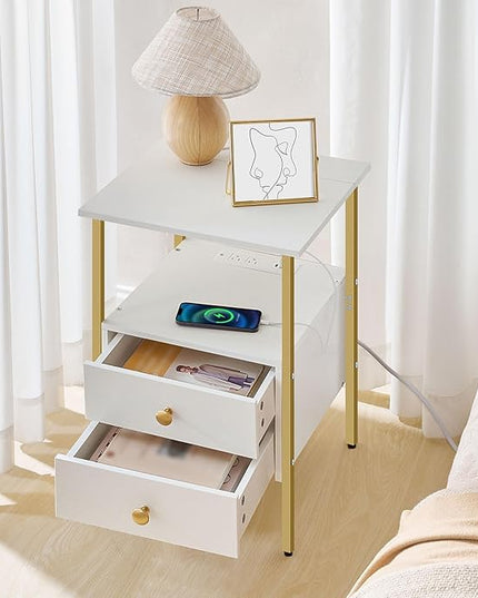 HOOBRO End Table with Charging Station, Bedside Table with 2 Drawer & USB Port & Type-C Port, Nightstand for Small Spaces, Stable and Sturdy, for Living Room, White and Gold DW43UBZ01