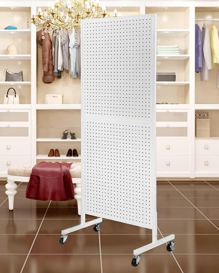 Eastern Tree Metal Pegboard Display Stand 2'x 5' with 30 Hooks, Pegboard Panels Display with Wheels, Peg Board Display Rack, Standing Pegboard Display- White