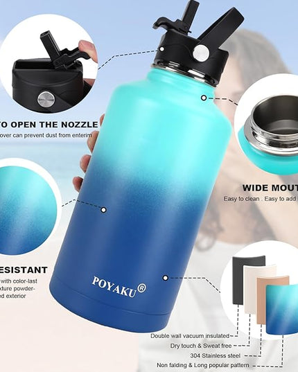 Water Bottle Insulated 32oz 40oz 64oz 128oz Straw Lid Spout Lid & 3 Lids, Leak Proof, Vacuum Insulated,Stainless Steel Water Bottle Wide Mouth for Sports, Gym or Office