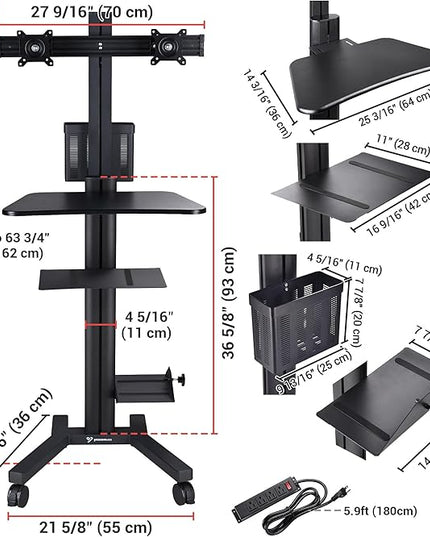 Yescom Mobile Computer Cart on Wheels Rolling PC Stand Desk Work Station Dual Monitor Mount Adjustable Keyboard Tray CPU Printer Holder for Lab Warehouse Black