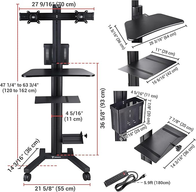 Yescom Mobile Computer Cart on Wheels Rolling PC Stand Desk Work Station Dual Monitor Mount Adjustable Keyboard Tray CPU Printer Holder for Lab Warehouse Black