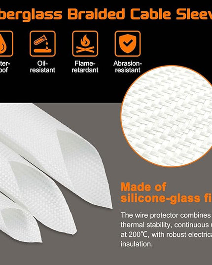 MECCANIXITY 10ft Braided Cable Sleeve, 0.7" ID 200C High Temperature 1500V Fiberglass Wire Insulation Cord Protector Organizer Wires Management for Motor Engine Fuel Line, White
