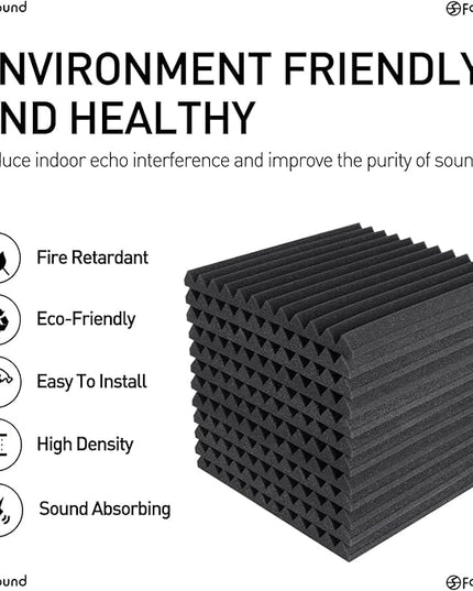 Focusound 50 Pack Acoustic Foam Panels 1" x 12" x 12" Sound Proof Foam Panles Soundproofing Noise Cancelling Wedge Panels for Home Office Recoding Studio with 300PCS Double-Side Adhesive