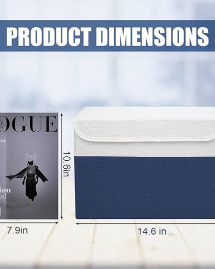 Large 22 Quart Linen Fabric Foldable Storage Bin Cube Organizer Basket with Flip-Top Lid & Handles, Clothes Blanket Box for Home, Office, Closet, Navy Blue & White, 4 Pack 14.6 x 9.5 x 9.5