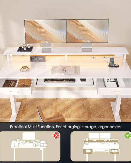 OffiGo Electric Standing Desk with Drawers & Keyboard Tray, 63 Inch Height Adjustable Desk with Power Outlets & LED Lights, Sit Stand Table with Monitor Stand for Home, Office, White