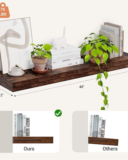 Heimlove 12 Inch Deep Floating Shelves, 48 x 12 inches Long, Large Display & Storage Shelf, Rustic Wood Wall Shelves for Fireplace Mantel, Set of 1(Rustic Brown)