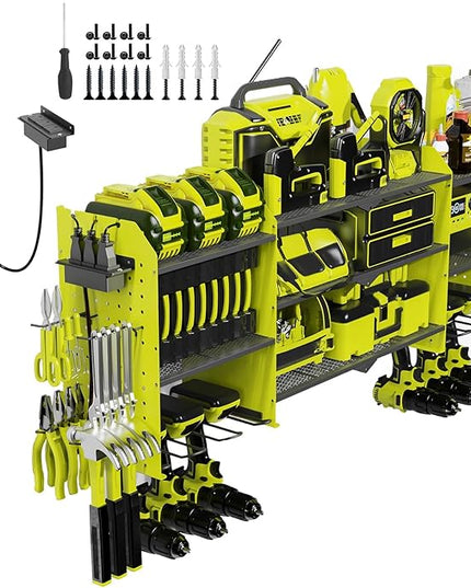 45" Large Power Tool Organizer Wall Mount with Charging Station - 3 Layer Storage Racks with 8 Cordless Drill Holder, 4 Hooks, Heavy Duty Garage Tool Organizer Storage for Workshop Pegboard Basement