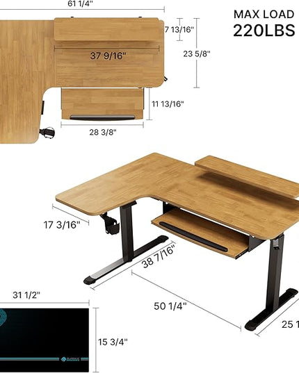 EUREKA ERGONOMIC L Shaped Standing Desk w Keyboard Tray,61" Electric Corner Standing Desk, Computer Desk w LED Monitor Stand,Dual Motor,Solid Wood,Left/Oak