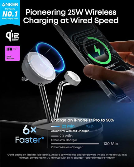 Anker Prime MagSafe Charger Compatible, 3-in-1 Charging Station, Qi2 25W Certified Wireless Charger Dock Stand, Smart Display with TEC Active Cooling, for iPhone 17, Apple Watch, AirPods (White)