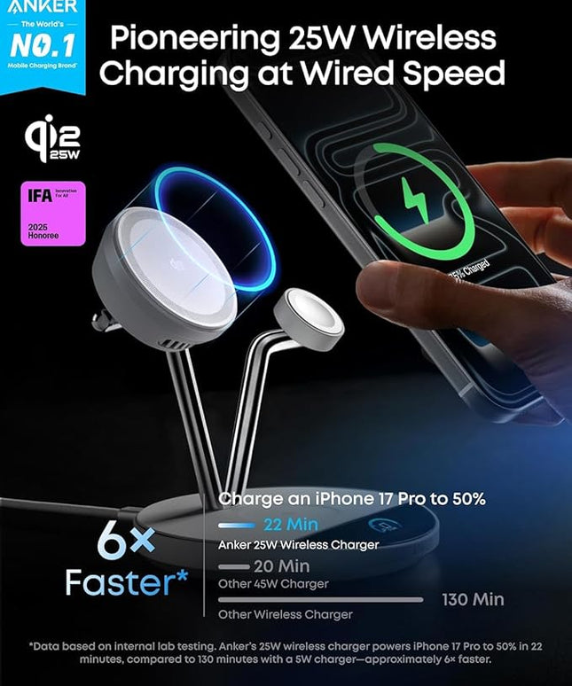 Anker Prime MagSafe Charger Compatible, 3-in-1 Charging Station, Qi2 25W Certified Wireless Charger Dock Stand, Smart Display with TEC Active Cooling, for iPhone 17, Apple Watch, AirPods (White)