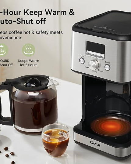 Gevi 14-Cup Programmable Coffee Maker, Drip Coffee Machine with Normal & Strong Brew for Home and Office, Glass Carafe, 2-Hour Keep Warm, Pause & Serve, Auto Shut Off, Silver